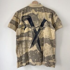 Vintage Y2k Subscript Camo Knife Graphic Tan Collared Polo Tee Shirt - Medium